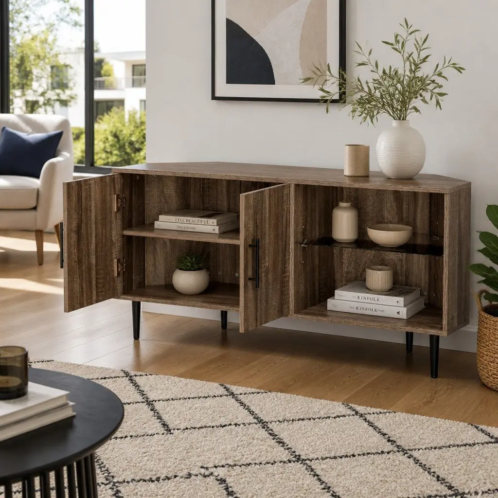 Corner Entertainment Unit TV Cabinet Open Storage Shelf 120cm Dark Walnut Stand