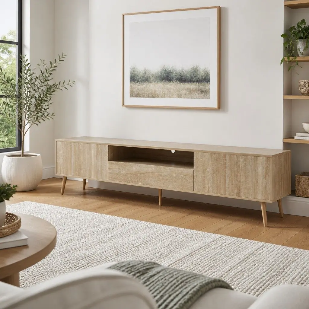 TV Entertainment Unit 200CM Storage Cabinet Drawers Natural Wood Open Shelf