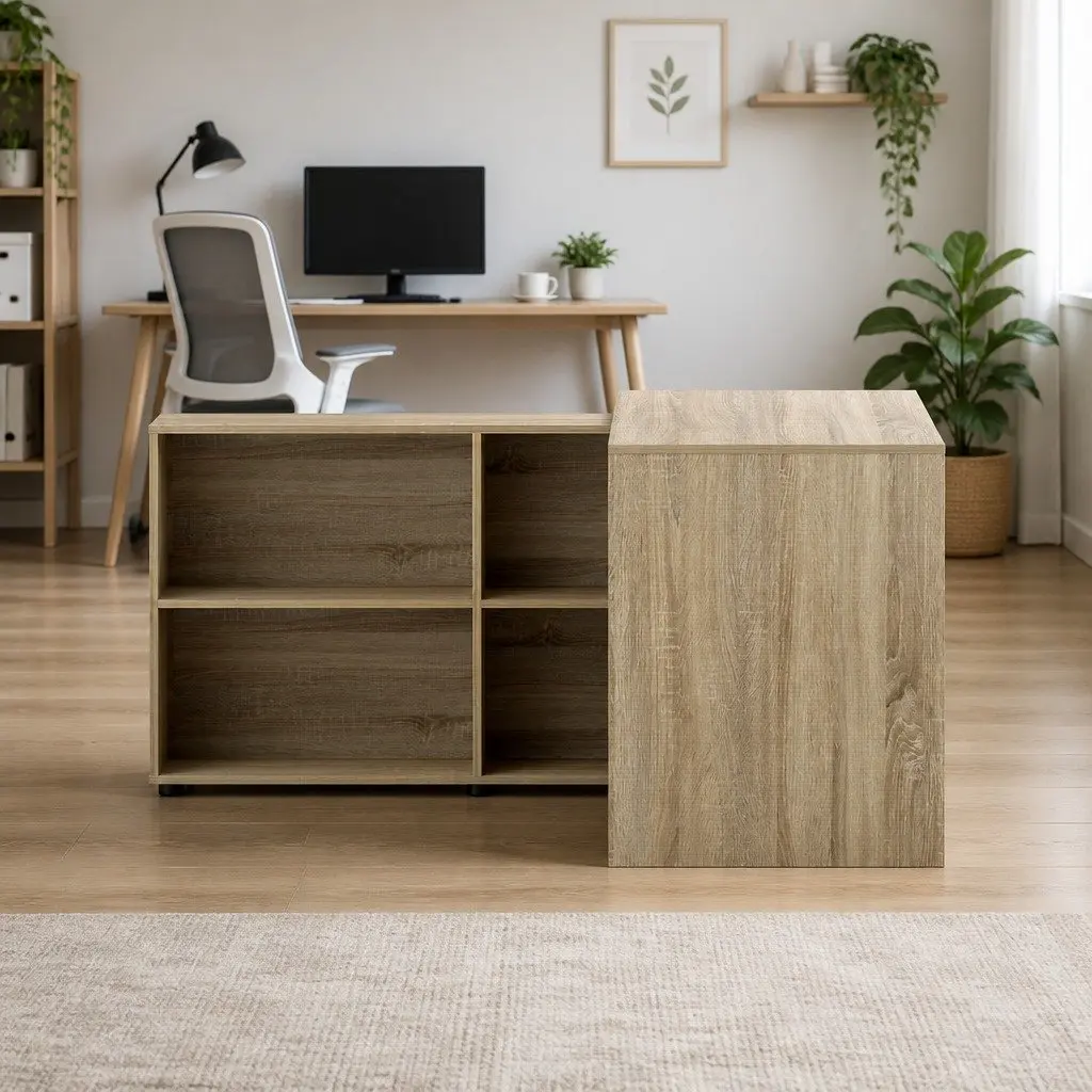 Computer Desk L-Shape with 4-Compartment Bookcase Storage 130cm Oak