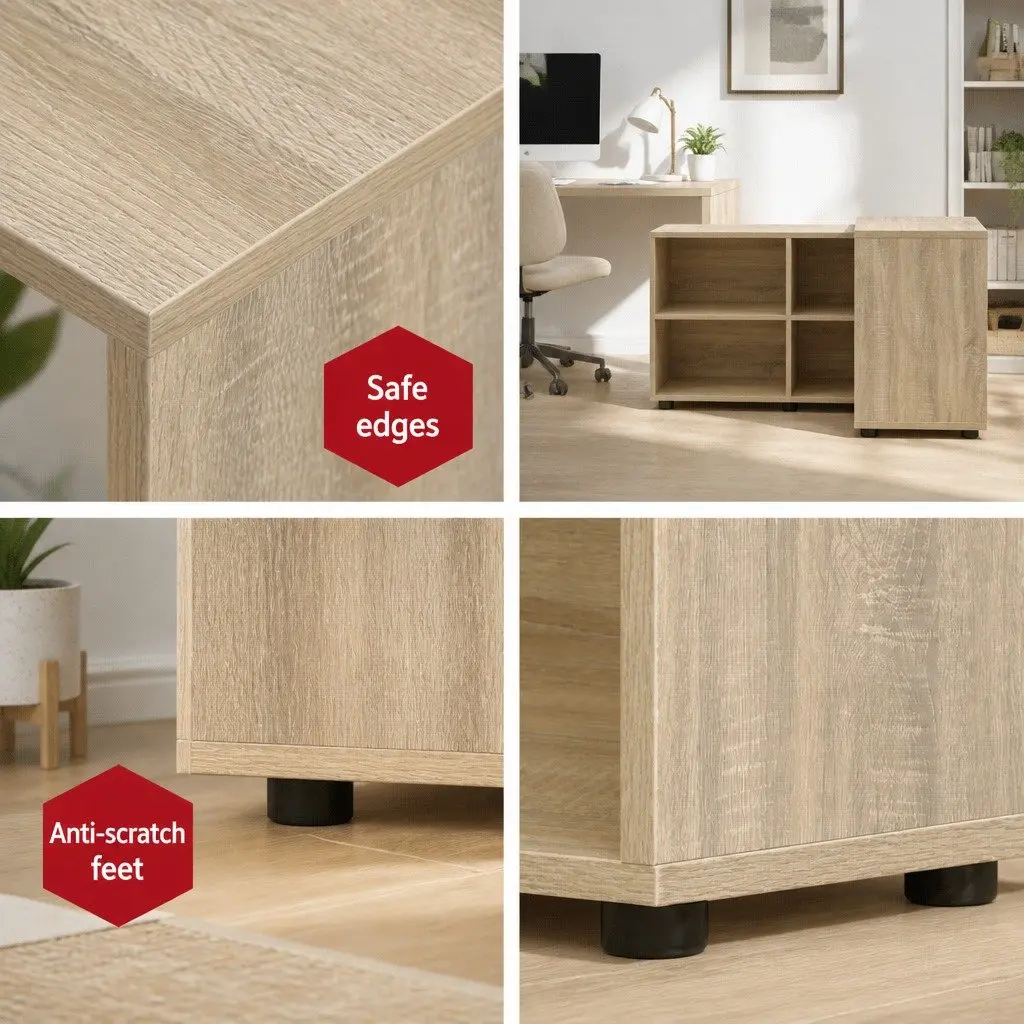 Computer Desk L-Shape with 4-Compartment Bookcase Storage 130cm Oak
