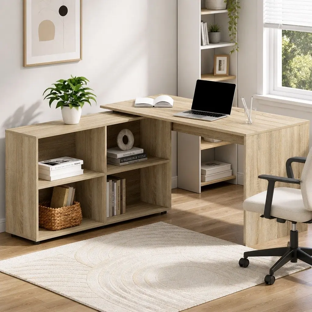 Computer Desk L-Shape with 4-Compartment Bookcase Storage 130cm Oak