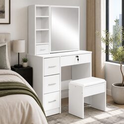 Dressing Table Stool Set Sliding Mirror White Bedroom Vanity Storage Drawers