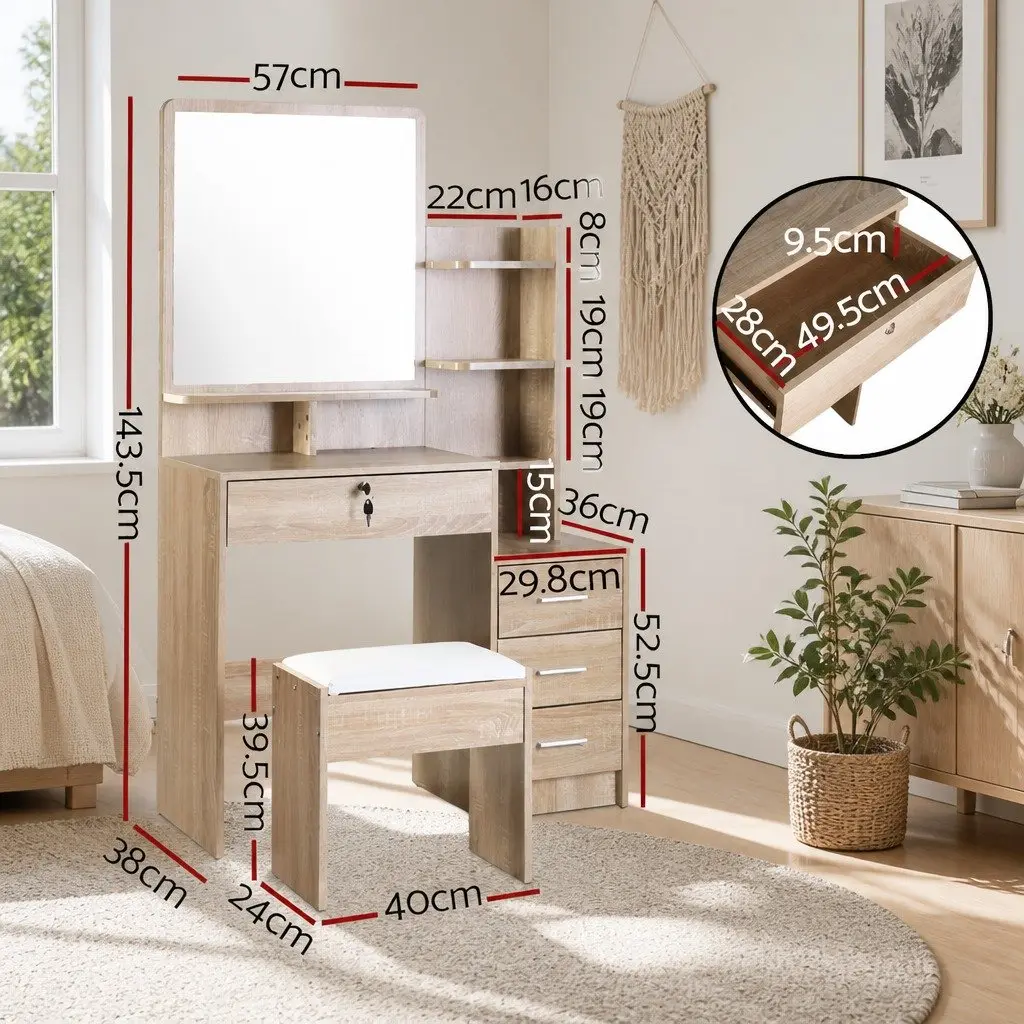 Dressing Table Stool Set Oak 4 Drawers Vanity Mirror Storage Shelves