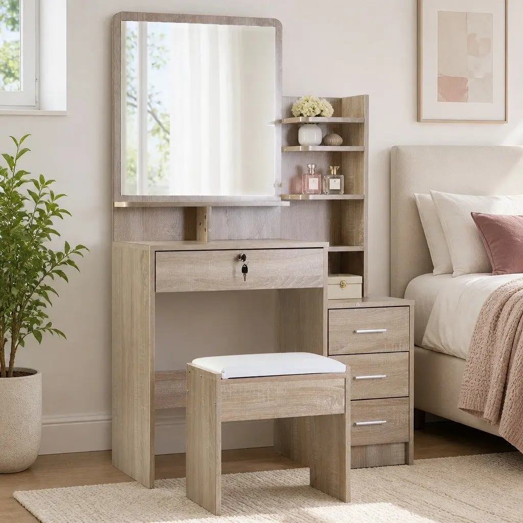 Dressing Table Stool Set Oak 4 Drawers Vanity Mirror Storage Shelves