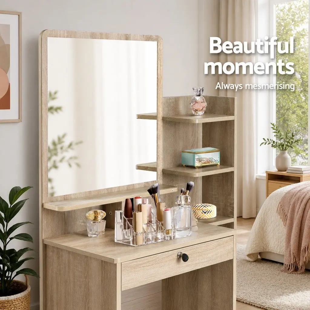 Dressing Table Stool Set Oak 4 Drawers Vanity Mirror Storage Shelves