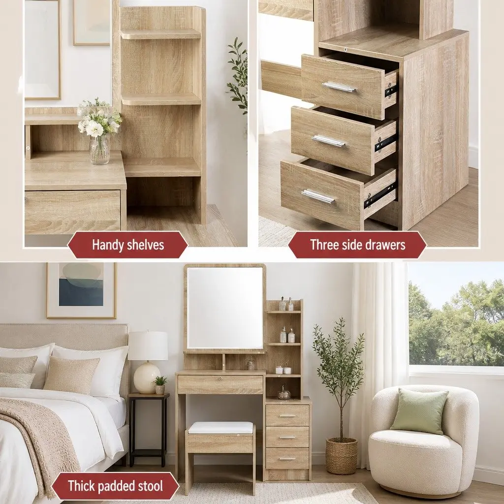 Dressing Table Stool Set Oak 4 Drawers Vanity Mirror Storage Shelves