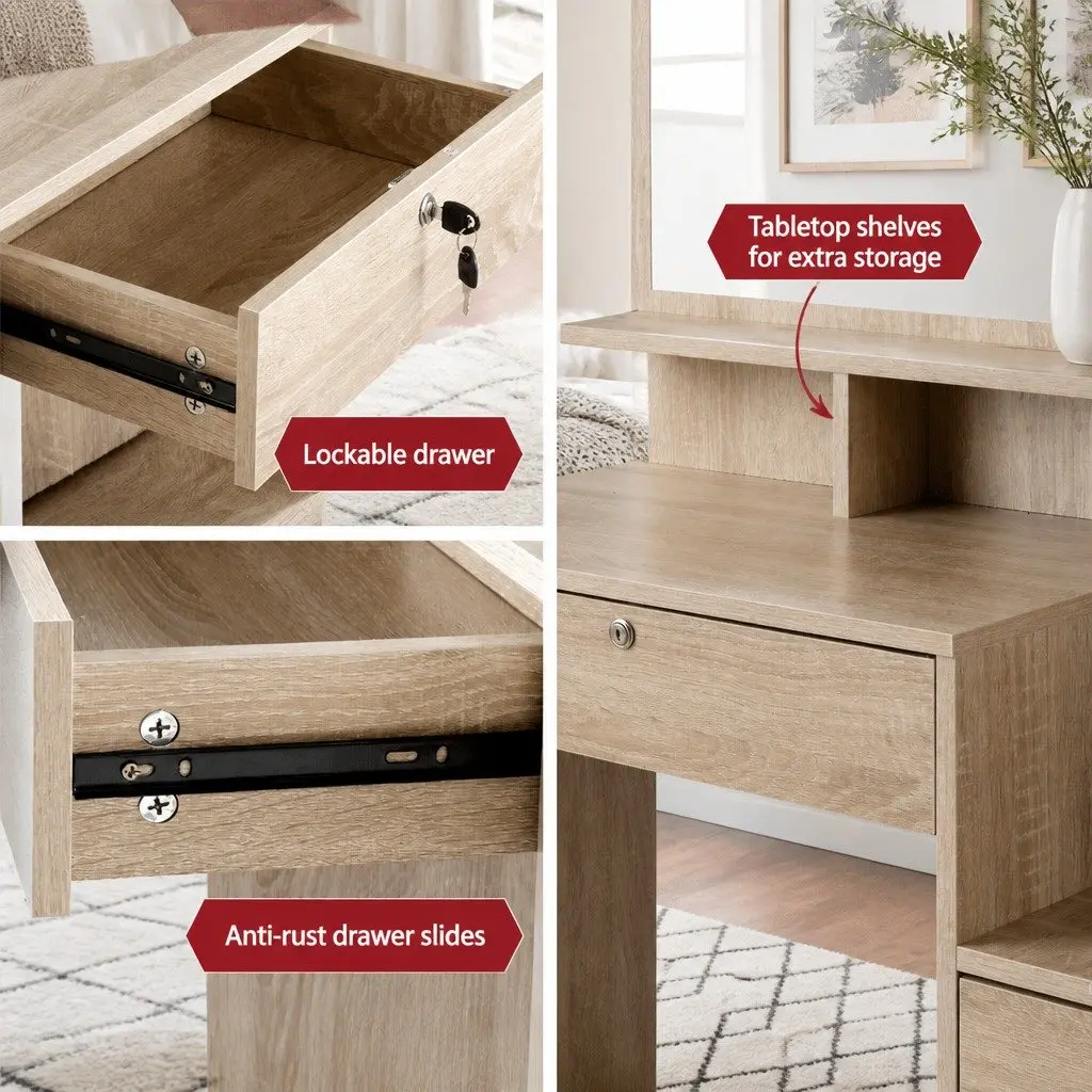 Dressing Table Stool Set Oak 4 Drawers Vanity Mirror Storage Shelves