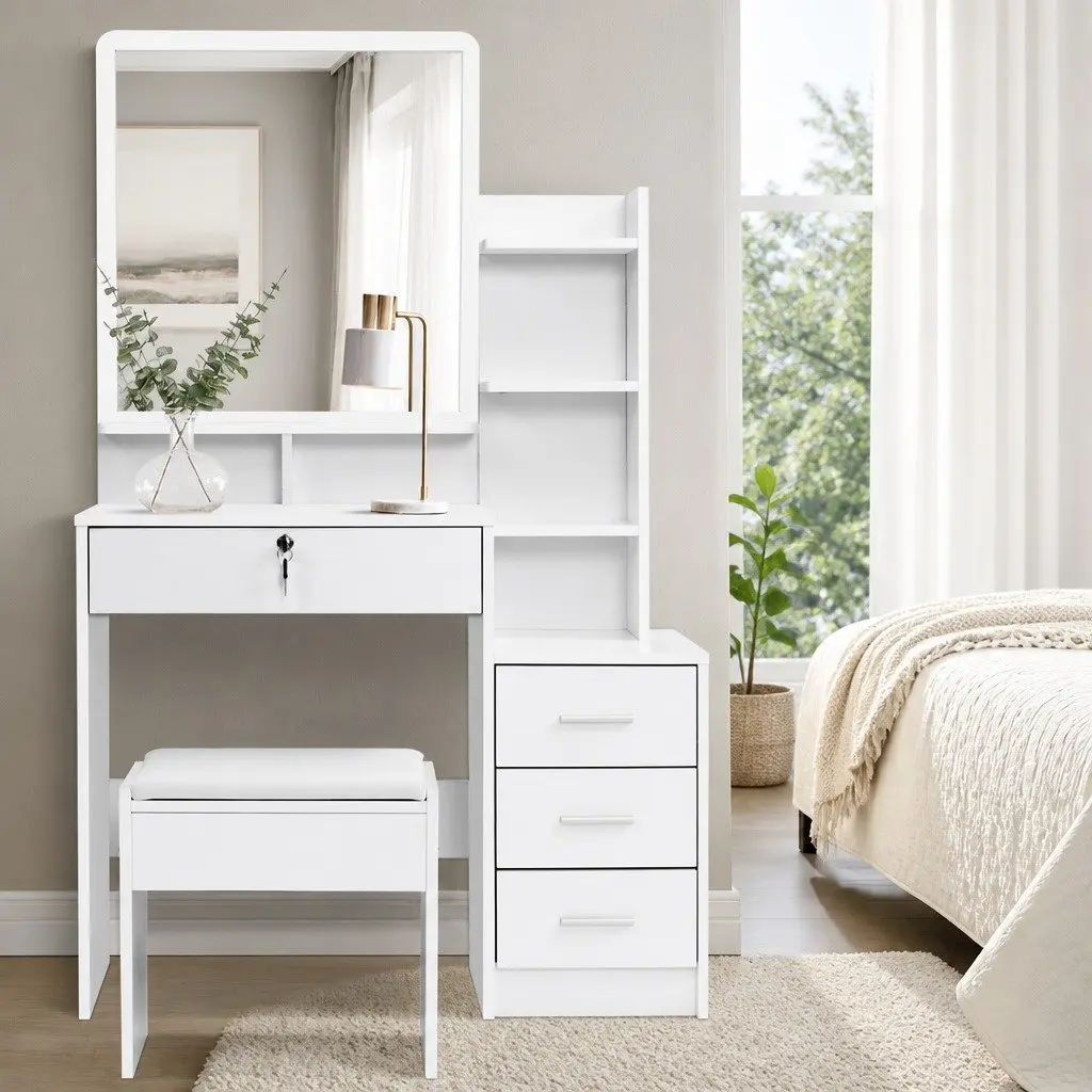 Dressing Table with Stool Four Drawers White Vanity Makeup Dresser Storage Shelves