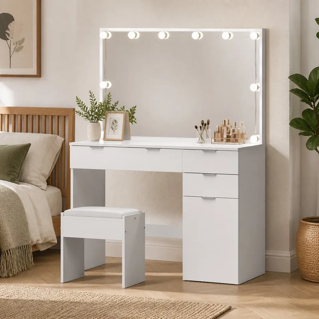 LED Dressing Table with Stool Mirror Drawers White Bedroom Vanity Set Makeup
