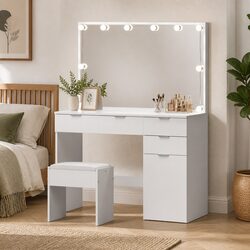 LED Dressing Table with Stool Mirror Drawers White Bedroom Vanity Set Makeup