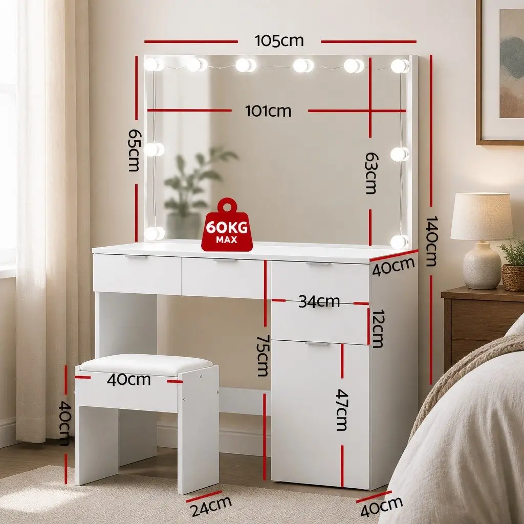 LED Dressing Table with Stool Mirror Drawers White Bedroom Vanity Set Makeup