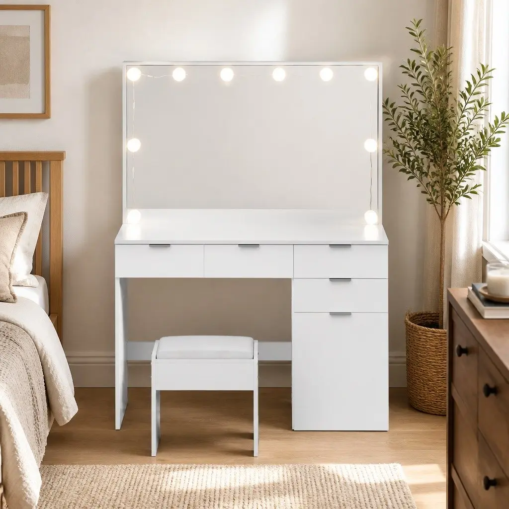 LED Dressing Table with Stool Mirror Drawers White Bedroom Vanity Set Makeup
