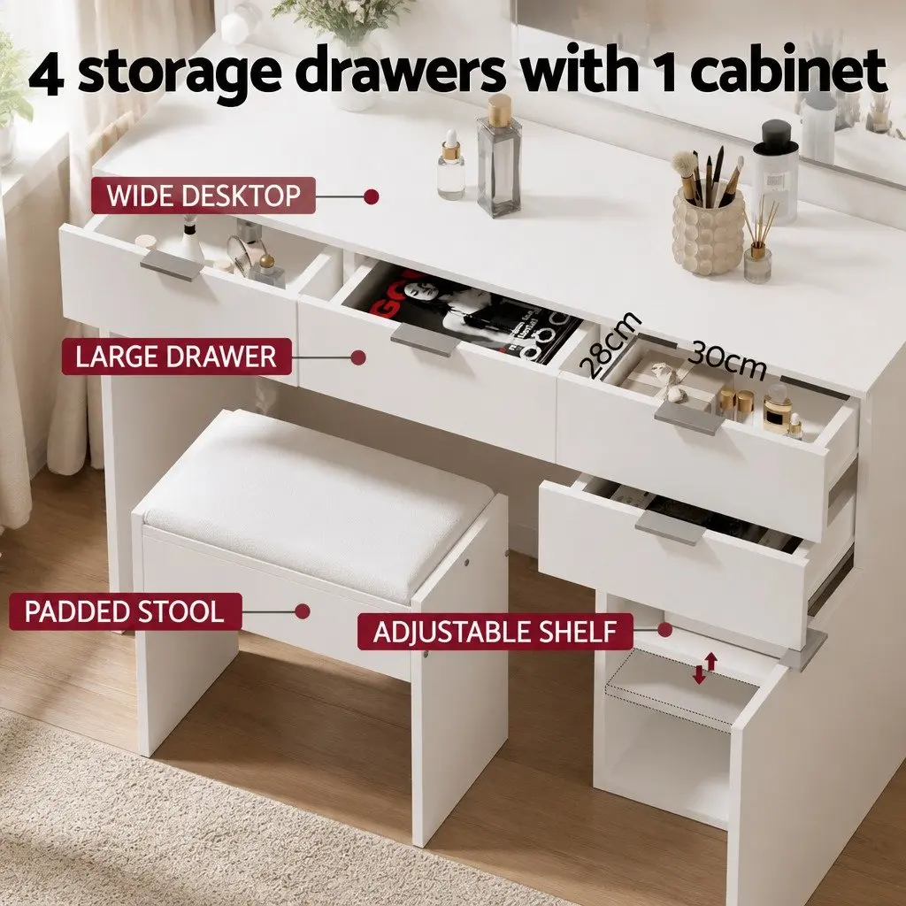 LED Dressing Table with Stool Mirror Drawers White Bedroom Vanity Set Makeup
