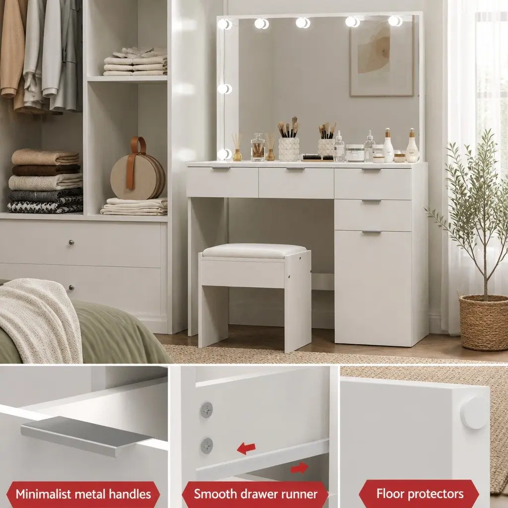 LED Dressing Table with Stool Mirror Drawers White Bedroom Vanity Set Makeup