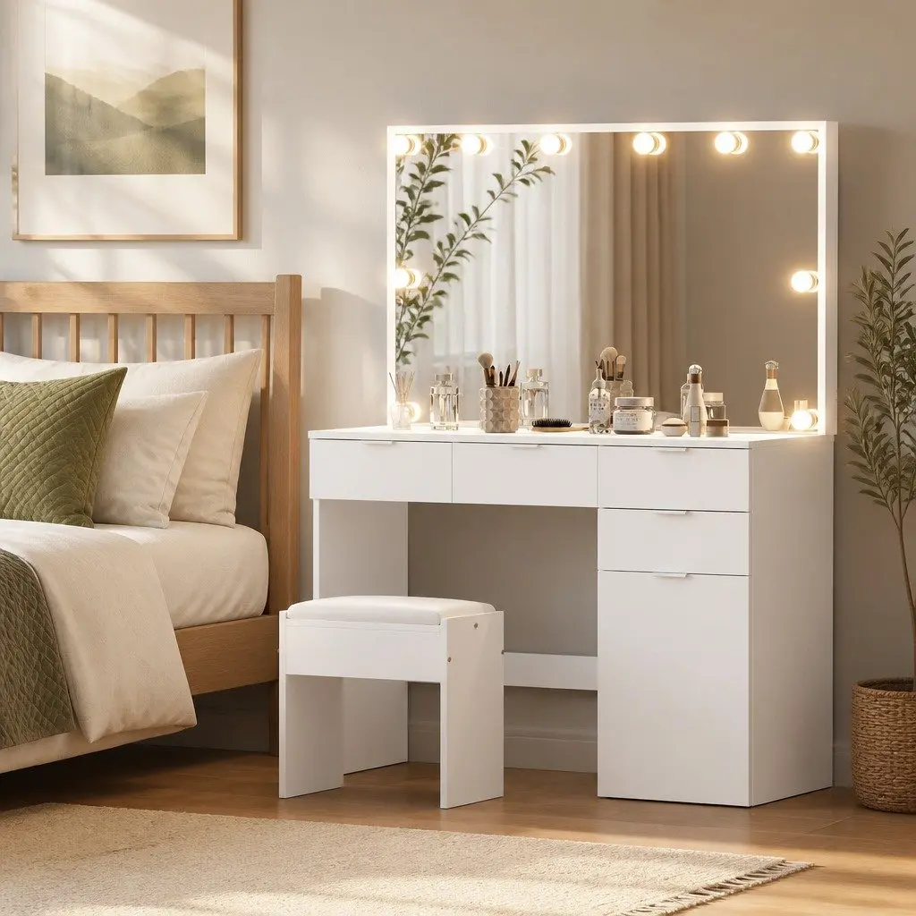 LED Dressing Table with Stool Mirror Drawers White Bedroom Vanity Set Makeup