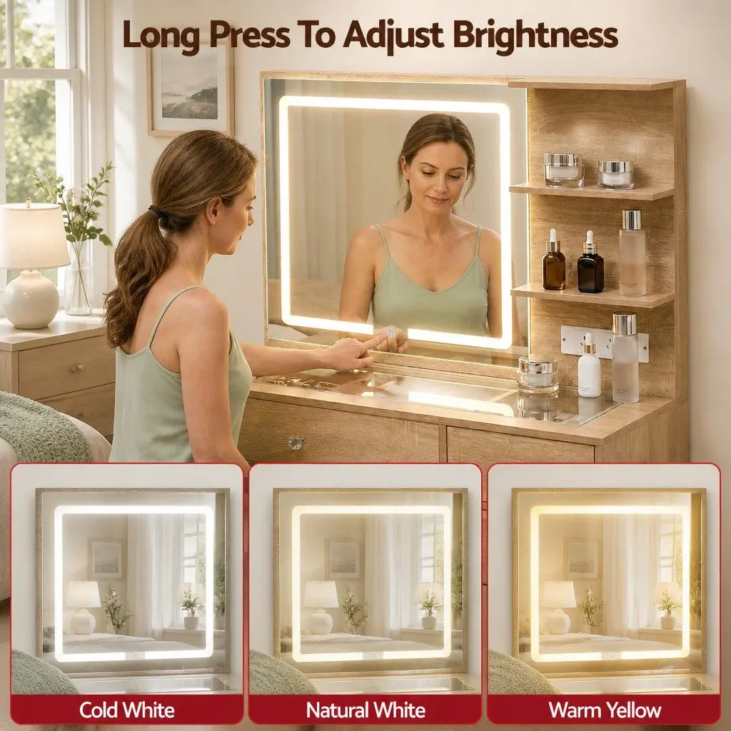 Dressing Table LED Vanity Desk with Mirror and Drawers Transparent Glass Wood