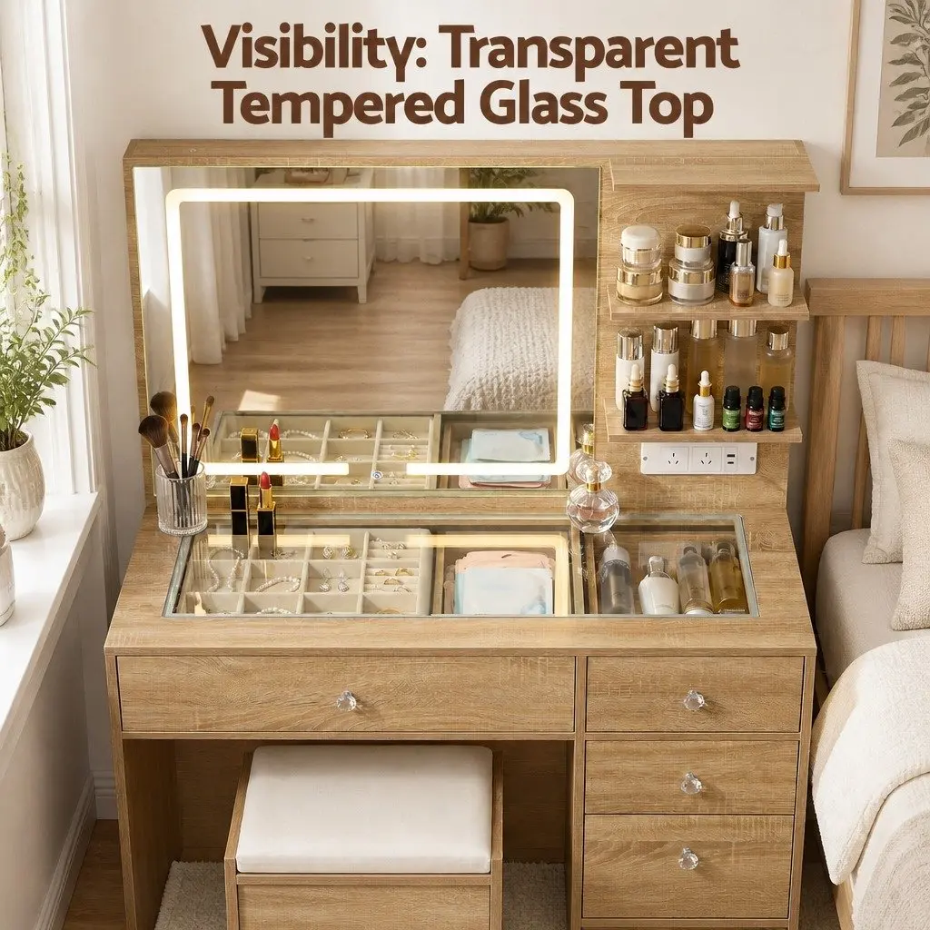 Dressing Table LED Vanity Desk with Mirror and Drawers Transparent Glass Wood