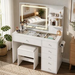 LED Vanity Dressing Table Desk White Makeup Mirror Stool Drawers Charging