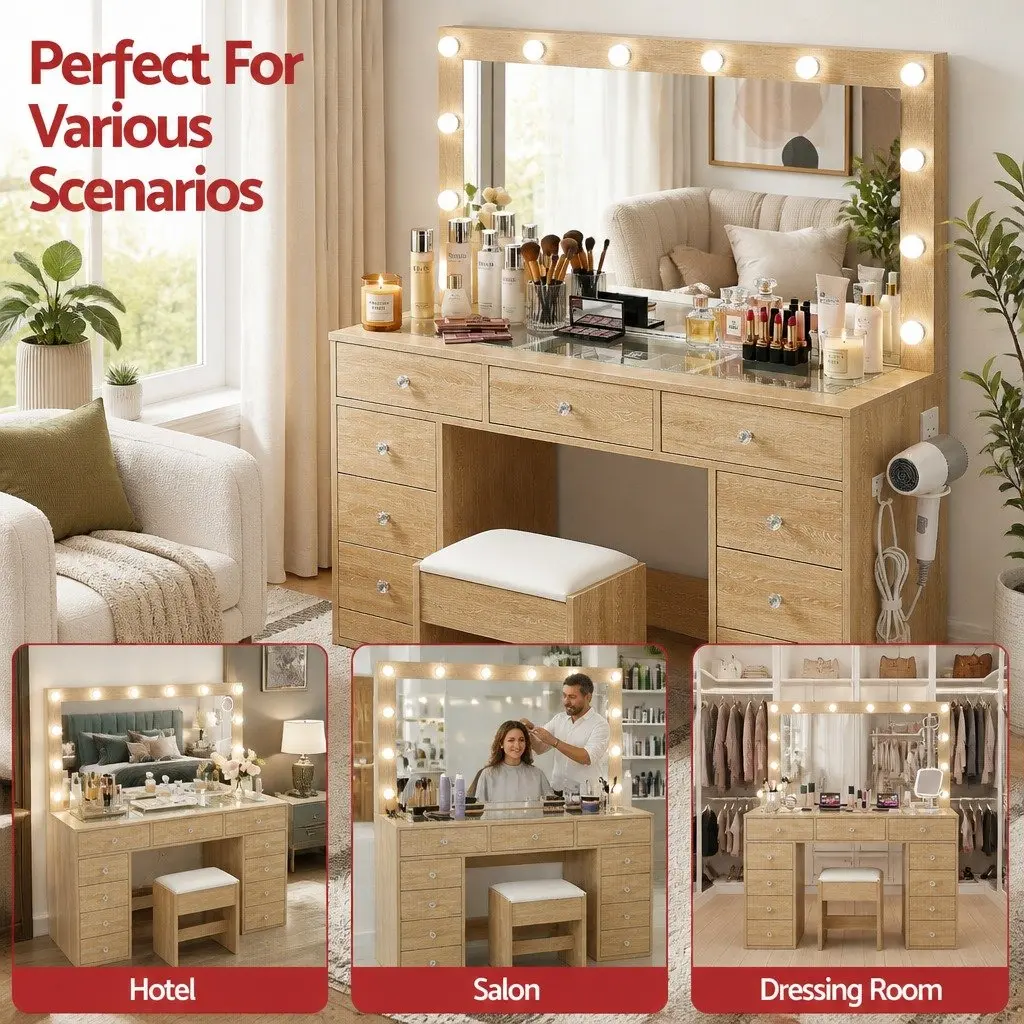 Dressing Vanity Desk with LED Makeup Mirror Stool Storage Drawers Wood
