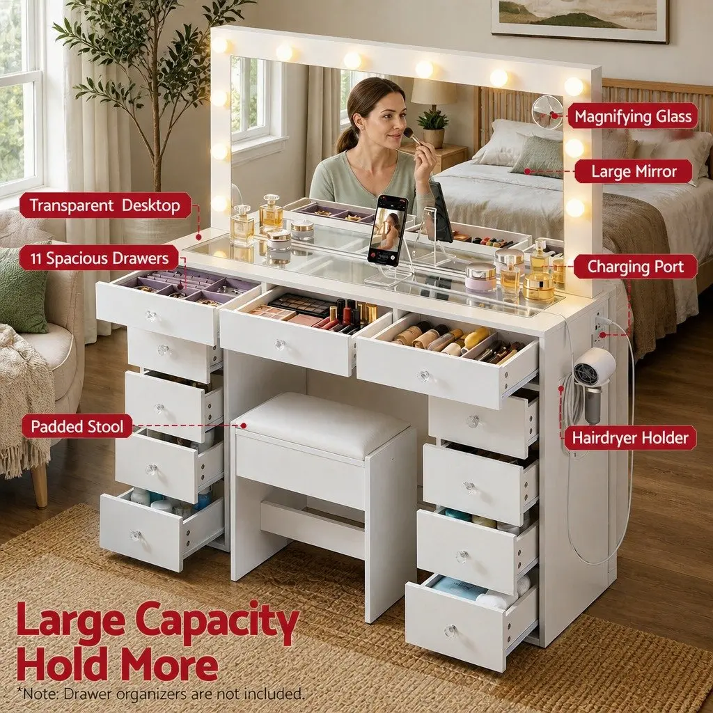 Dressing Table Vanity Desk with LED Mirror 120cm White Bedroom Makeup Station