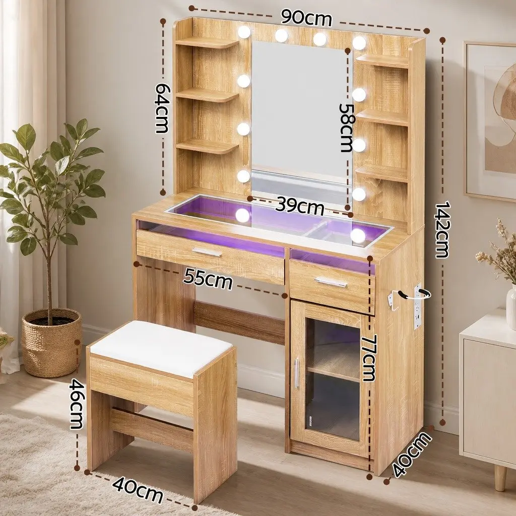 Dressing Table Vanity Desk with LED Mirror Storage Drawers Modern Wood 90cm x 40cm x 142cm
