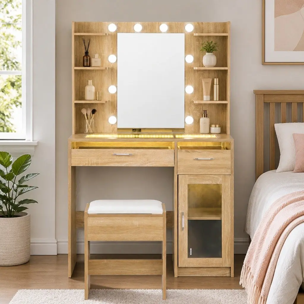 Dressing Table Vanity Desk with LED Mirror Storage Drawers Modern Wood 90cm x 40cm x 142cm