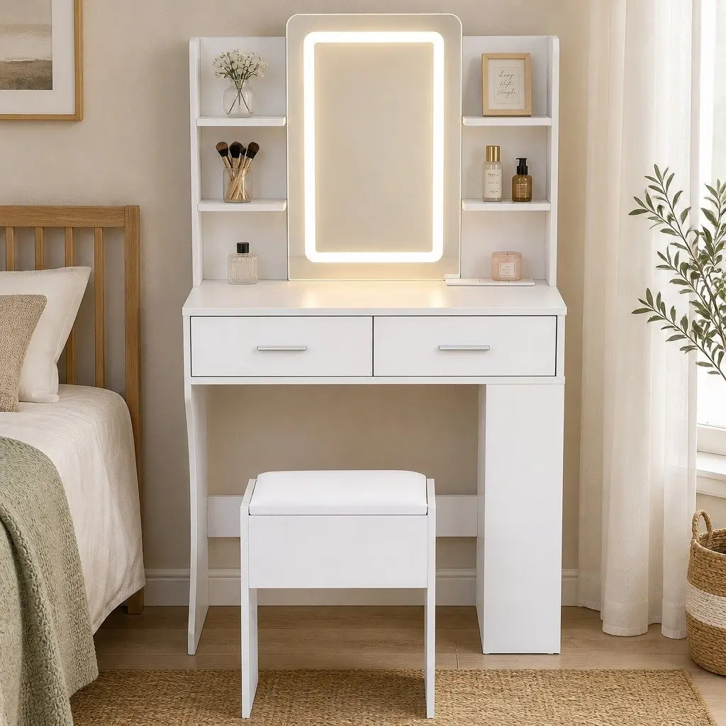 LED Vanity Dressing Table with Mirror and Stool White Compact Bedroom Furniture