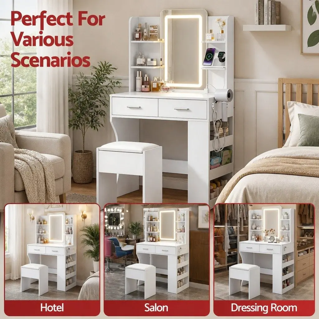 LED Vanity Dressing Table with Mirror and Stool White Compact Bedroom Furniture