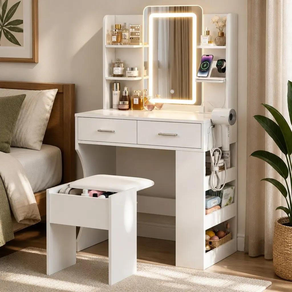 LED Vanity Dressing Table with Mirror and Stool White Compact Bedroom Furniture