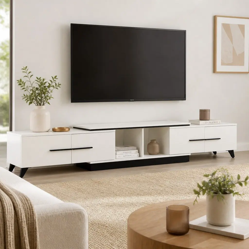 White Extendable TV Cabinet Entertainment Unit Stand 190-260cm with 4 Storage Drawers for Living Room