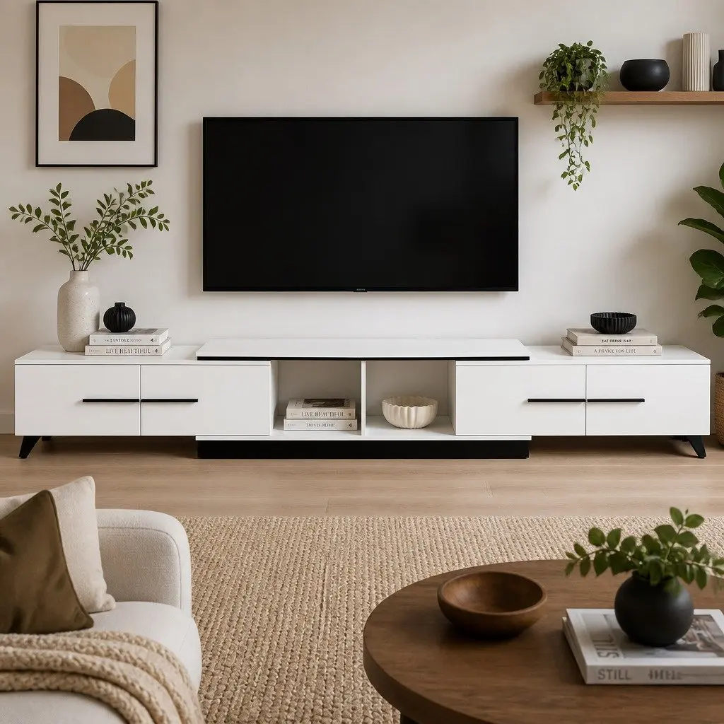 White Extendable TV Cabinet Entertainment Unit Stand 190-260cm with 4 Storage Drawers for Living Room