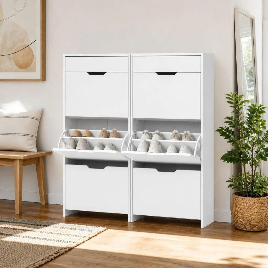 White Shoe Cabinet Organiser 2-Piece Flip Drawer Freestanding Storage Hallway