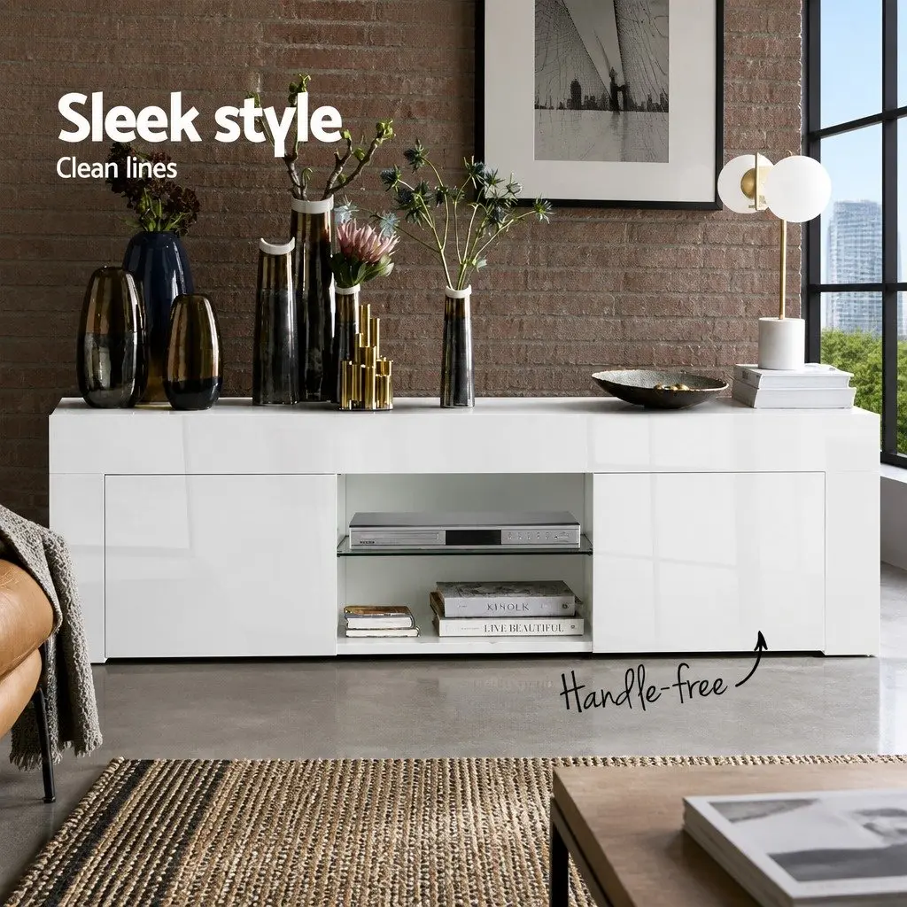 TV Unit Entertainment Unit 130cm White UV High-Gloss Storage Shelves with Tempered Glass Open Shelves and Two Large Storage Cabinets