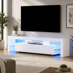 TV Cabinet Entertainment Unit 200cm White Gloss Storage Stand with RGB LED