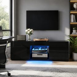 TV Entertainment Unit Cabinet 130cm Black LED Customizable RGB Lighting Storage