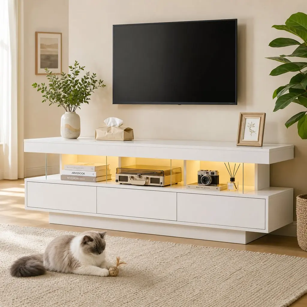 TV Unit Modern RGB LED Entertainment Storage Drawers 160CM White