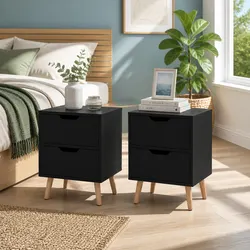 Bedside Table 2 Drawers Black Bedroom Nightstand Storage Cabinet Furniture