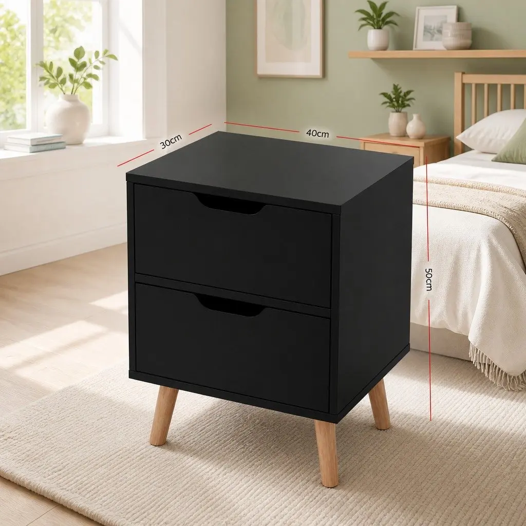 Bedside Table 2 Drawers Black Bedroom Nightstand Storage Cabinet Furniture