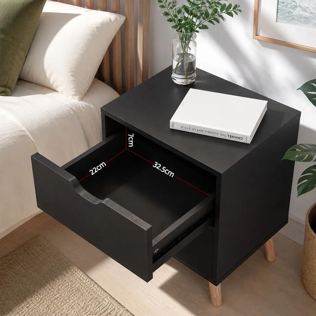 Bedside Table 2 Drawers Black Bedroom Nightstand Storage Cabinet Furniture