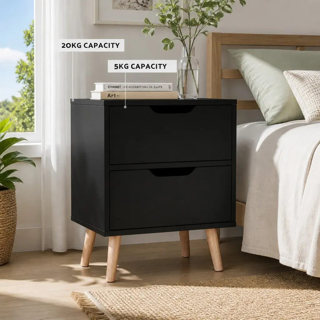 Bedside Table 2 Drawers Black Bedroom Nightstand Storage Cabinet Furniture