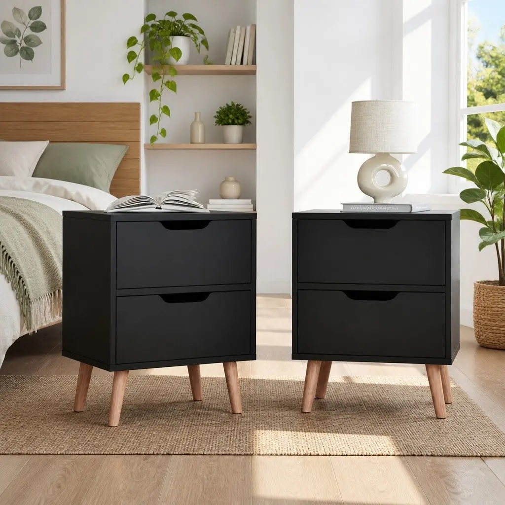 Bedside Table 2 Drawers Black Bedroom Nightstand Storage Cabinet Furniture