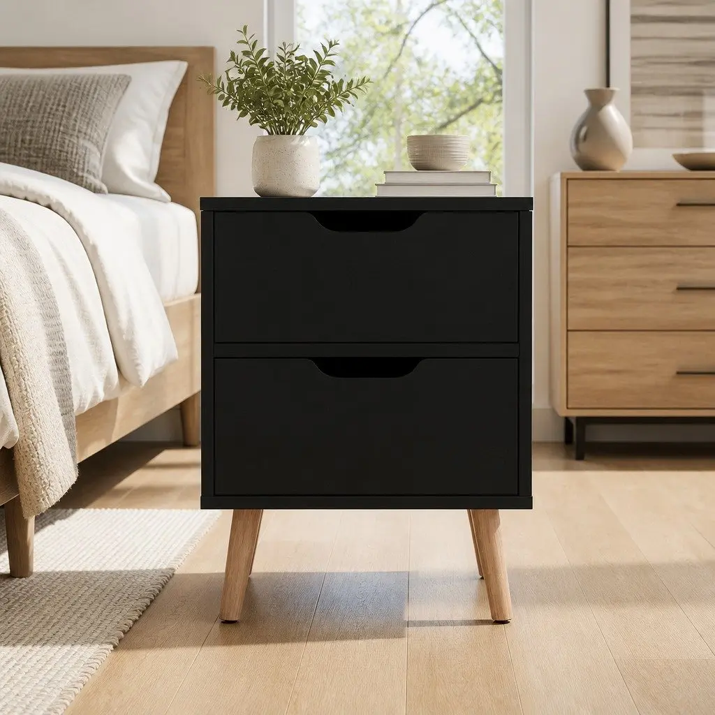 Bedside Table 2 Drawers Black Particle Board Nightstand Storage Bedroom
