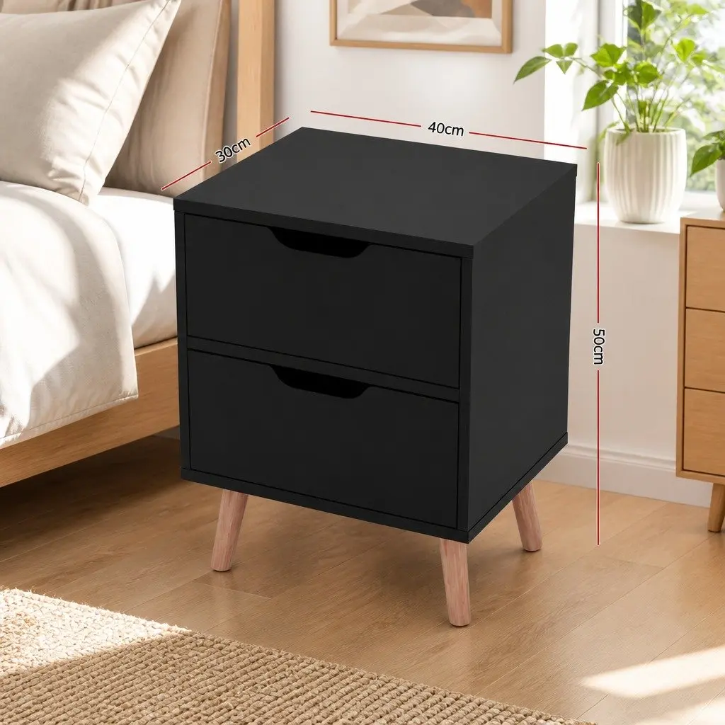 Bedside Table 2 Drawers Black Particle Board Nightstand Storage Bedroom