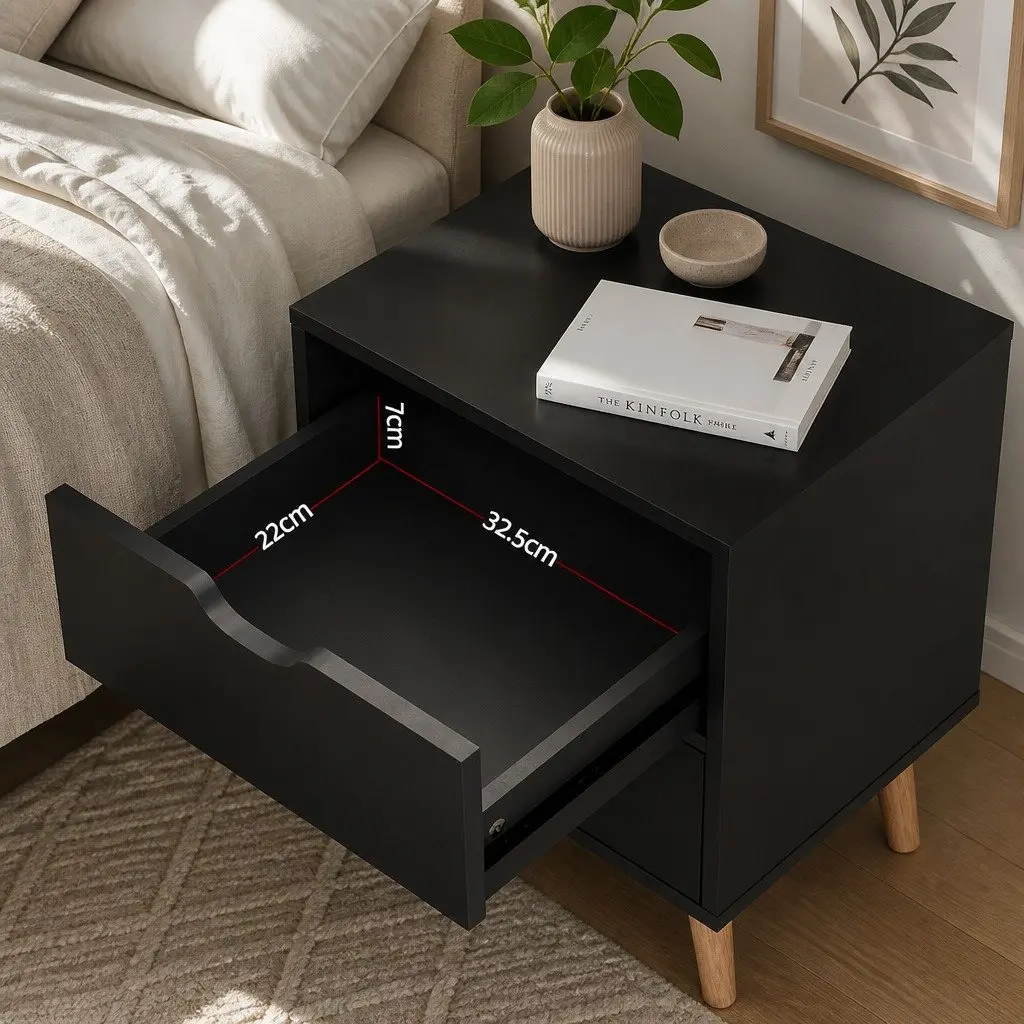 Bedside Table 2 Drawers Black Particle Board Nightstand Storage Bedroom