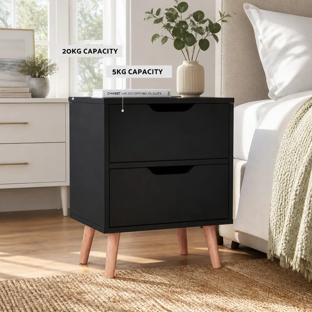 Bedside Table 2 Drawers Black Particle Board Nightstand Storage Bedroom