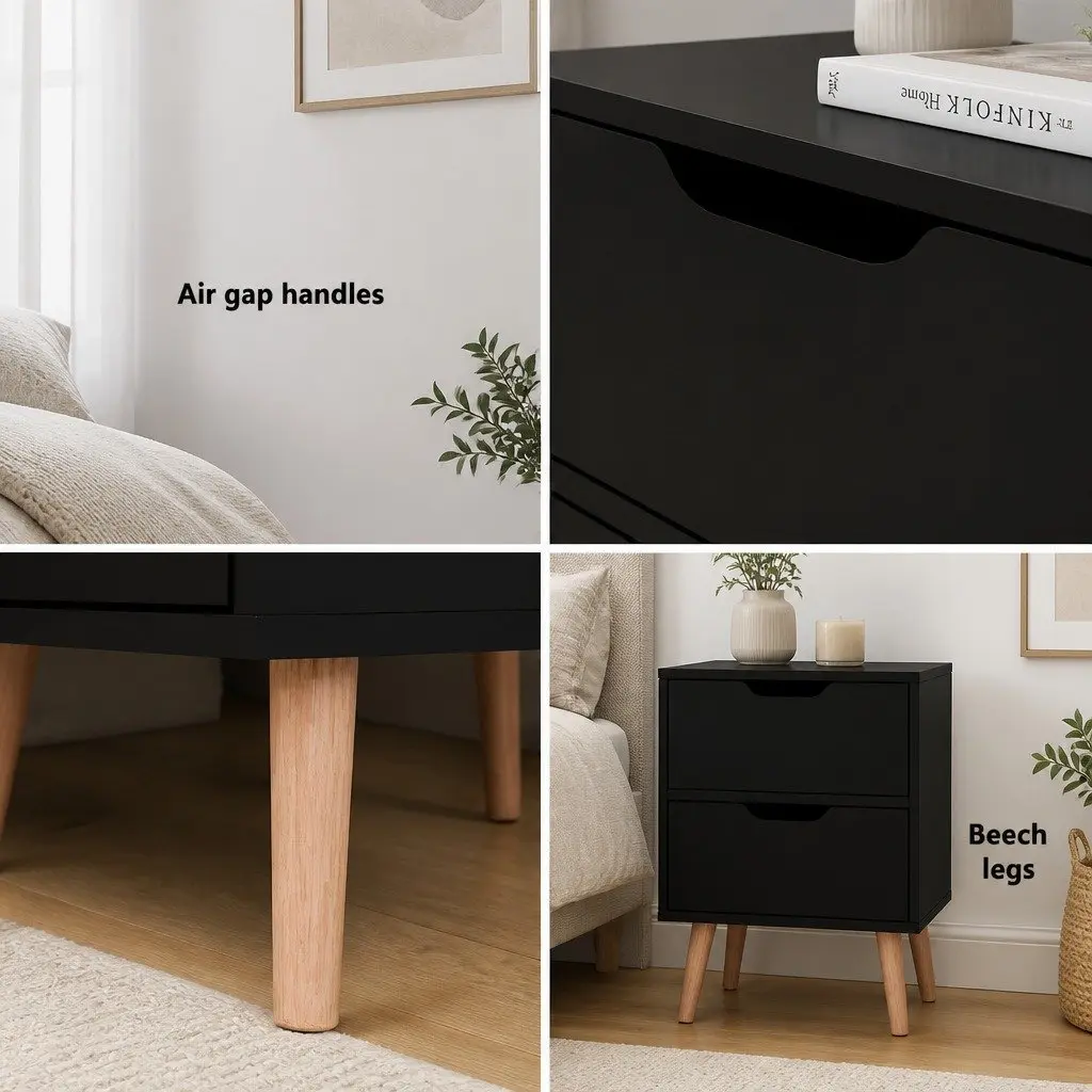 Bedside Table 2 Drawers Black Particle Board Nightstand Storage Bedroom