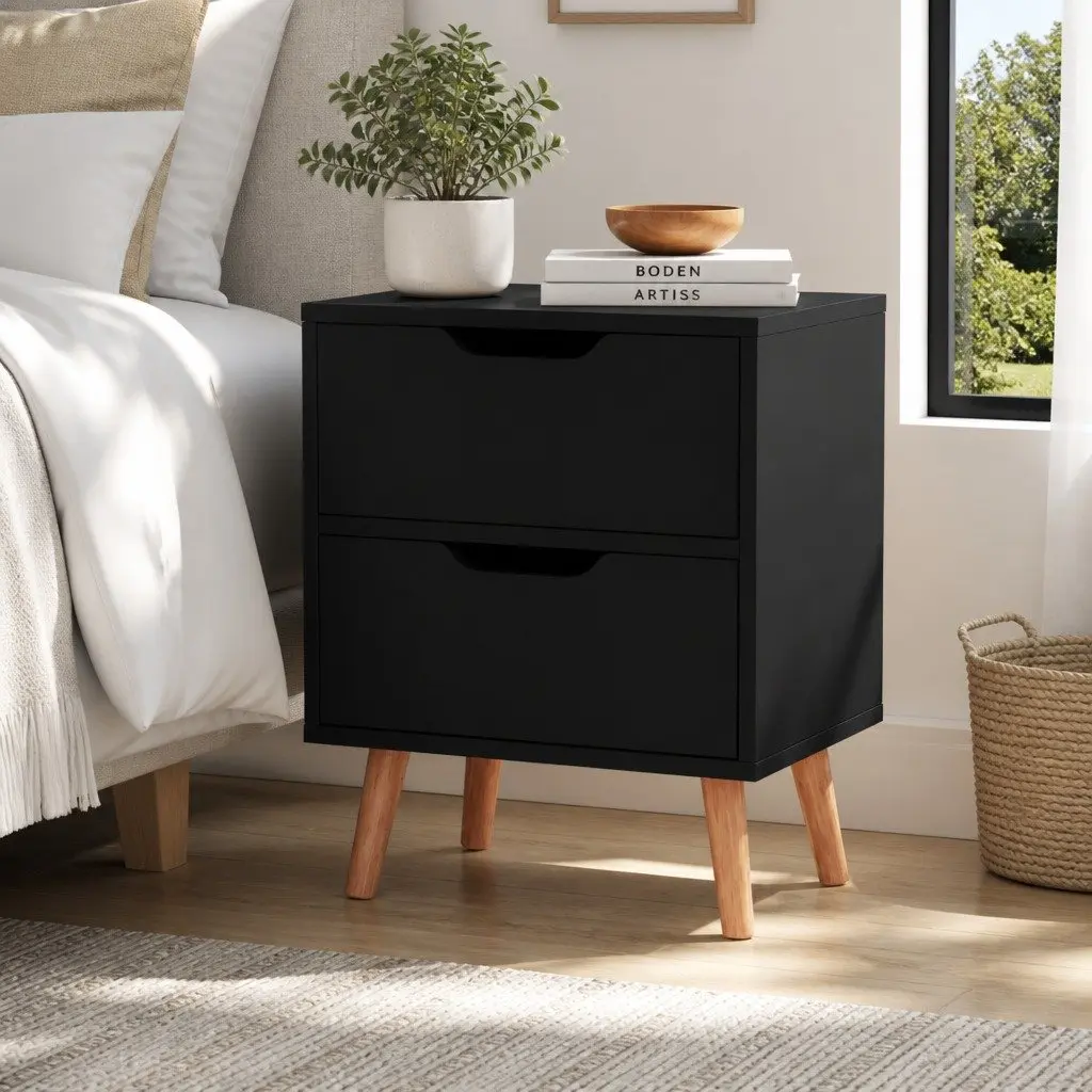 Bedside Table 2 Drawers Black Particle Board Nightstand Storage Bedroom