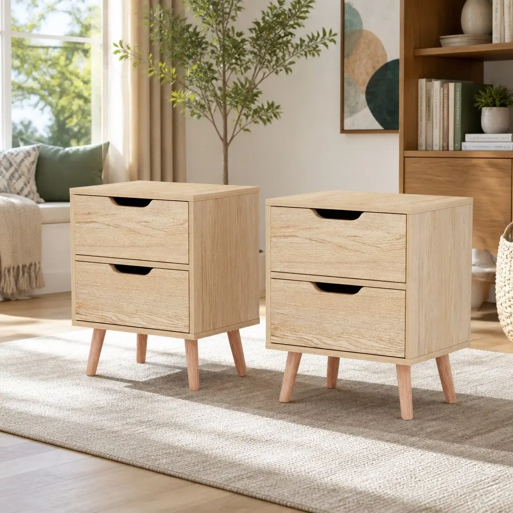 Bedside Table 2 Drawers Nightstand Bedroom Storage Furniture Black Pine Wood