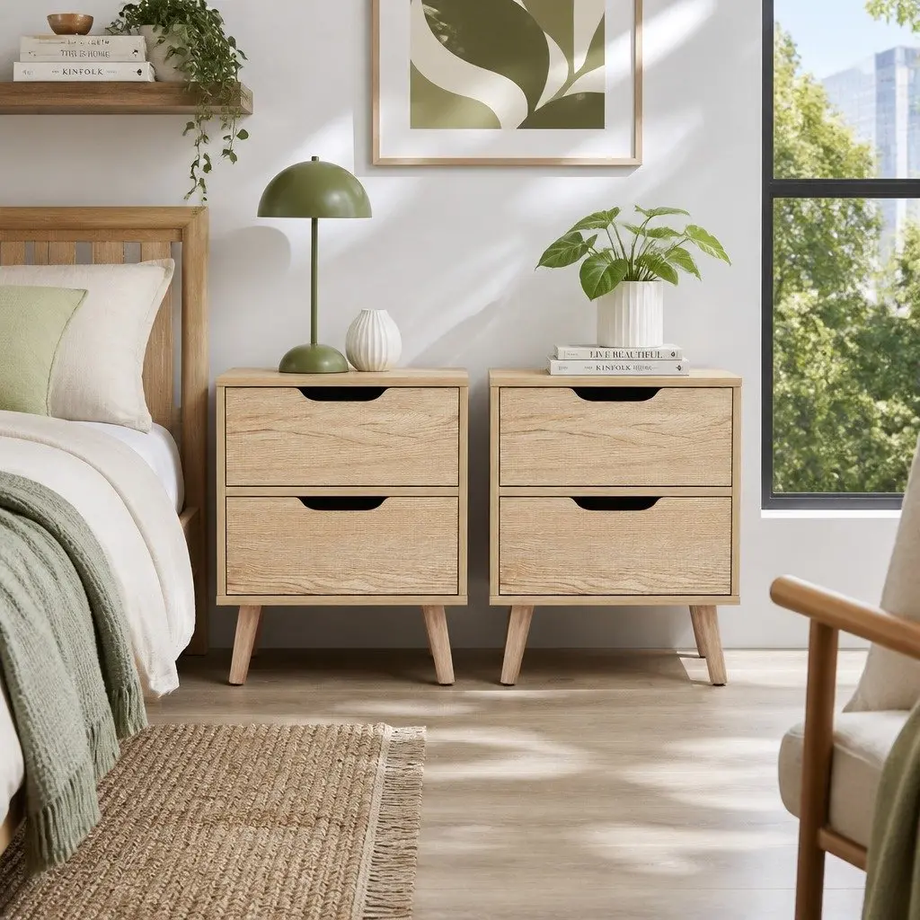 Bedside Table 2 Drawers Storage Black Pine Wood