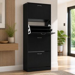 Shoe Rack Cabinet 4 Door Storage Organiser Black 60 Pairs Adjustable Shelves